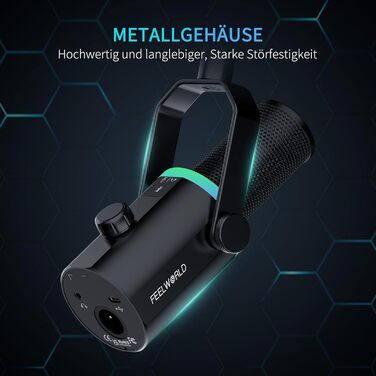 FEELWORLD PM1: Динамічний мікрофон XLR/USB з RGB-підсвіткою для подкастів, YouTube, геймінгу та студії. З навушником, підставкою та кабелем.