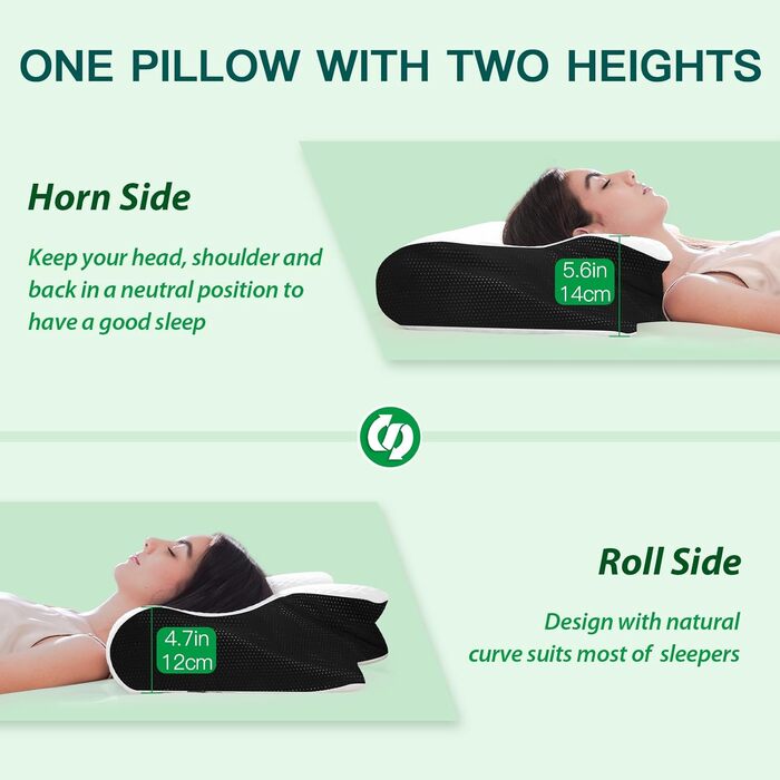 Подушка для шиї з піни Memory Foam 2-в-1, ергономічна, 60x40x12/14 см, чорна. Для спини, боку та живота.