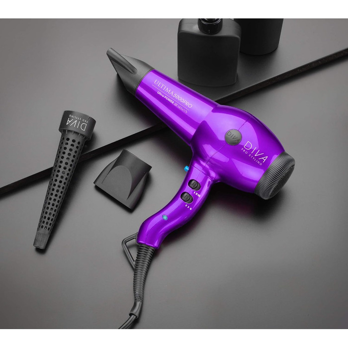 Фен для волосся DIVA Pro Styling Ultima 5000 Pro, 2200 Вт, 4 режими нагріву, 2 швидкості, функція холодного повітря, фіолетовий