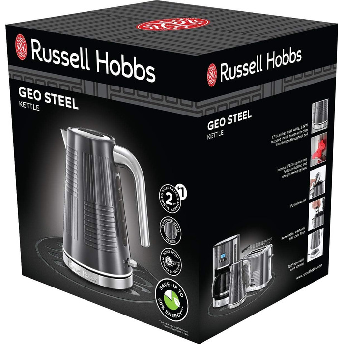 Тостер Russell Hobbs Geo Edelstahl Grau на 2 тости, нержавіюча сталь, сірий. Широкі слоти, підставка для булочок, 6 режимів, розморожування, підігрів, швидкий нагрів 1640 Вт