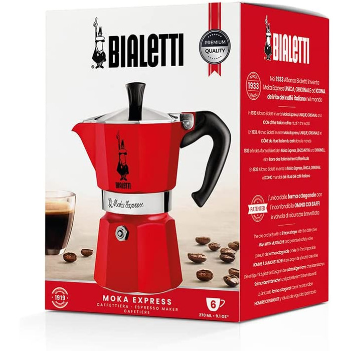 Bialetti Moka Color - іконічна гейзерна кавоварка для плити, 6 чашок, 270 мл, алюміній, червона, для справжньої італійської кави