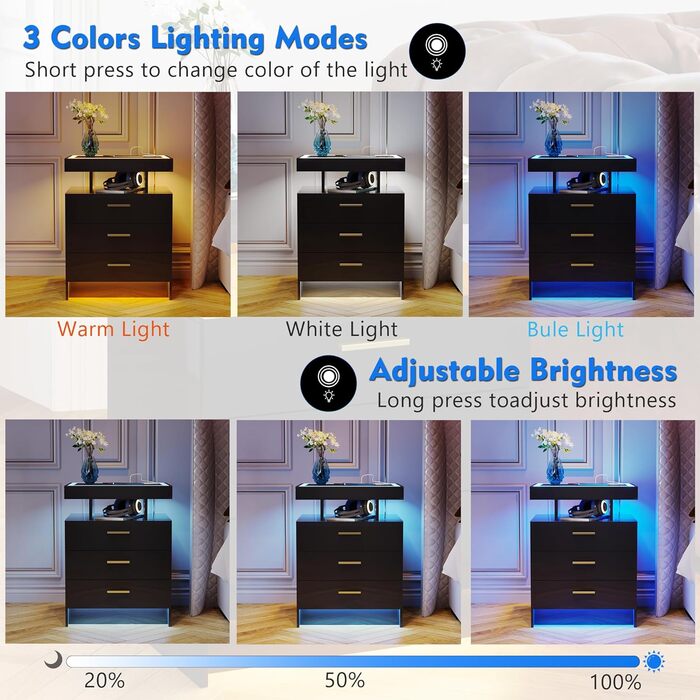 Lvifur LED тумба з підсвіткою, зарядкою та сенсором, 3 ящики, USB Type-C, біла, глянцева, для спальні