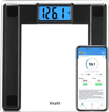 Смарт-вага Vitafit 250 кг з Bluetooth, вимірюванням ваги та ІМТ, синхронізацією з додатком, чорна, 8 мм загартоване скло, широка платформа