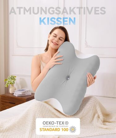 Ортопедична подушка з піни Memory Foam 2-в-1 для сну на боці, спині та животі, регульована висота, 60x41.5x10/12 см, світло-сіра