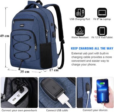 Рюкзак YAMTION для ноутбука 17.3'' з USB, шкільний, для студентів і роботи, синій