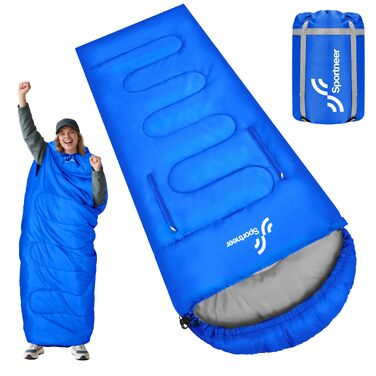 Спальний мішок Sportneer Outdoor (ковдра-спальник) 220×85 см, синій, температурний режим +10...+26 °C, з отворами для рук, 1.5 кг