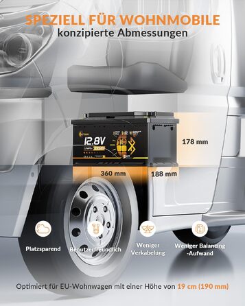 LiFePO4 акумулятор 12V 100Ah H190 з Bluetooth 5.4 для кемперів та житлових будинків на колесах, сертифікація ECE R10