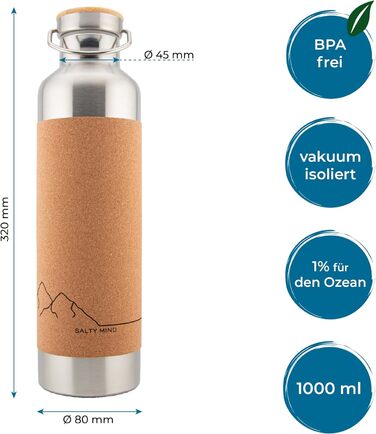 Salty Mind термос-пляшка з нержавіючої сталі 1 л, ізольована, герметична, BPA Free, з корковою кришкою та ручкою для води, для спорту, офісу, походів, екологічна