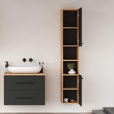 Високий шафа для ванної кімнати Planetmöbel LUX 30 см, вузький, колір золота дуб/антрацит, сучасний дизайн