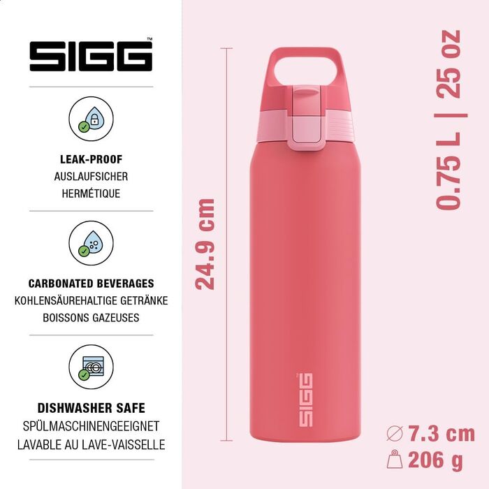 Спортивна пляшка для води Sigg Shield ONE з нержавіючої сталі для газованих напоїв, герметична, BPA-free, 0.75 л (Ruby, Multicolor)