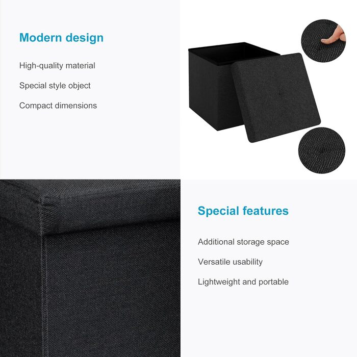 Складаний пуф INTIRILIFE 38x38x38 см, чорний, з кришкою та відсіком для зберігання, тканинний куб для сидіння та підставка для ніг