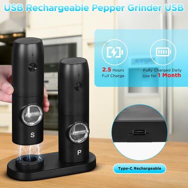 Електрична млинниця для солі та перцю Viitech 2-в-1, USB, регульоване помел, LED підсвітка, набір електричних млинів для спецій