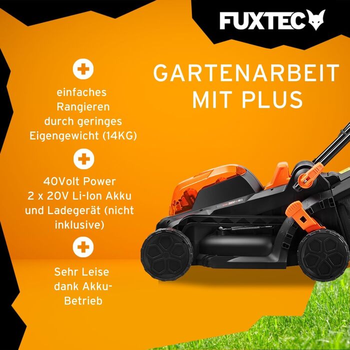 Акумуляторний газонокосарка FUXTEC 40V (2x20V) E1RM20 з 2x20V Li-Ion акумуляторами 2Ah та подвійним зарядним пристроєм – ширина зрізу 33см, регульована висота зрізу