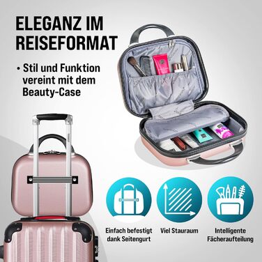 Набір валіз Monzana® 4шт з косметичкою, колір рожевий - M, L, XL - з замком, органайзером та вагами. З гелевими ручками, подвійними колесами, ніжками, телескопічною ручкою, валіза-троль, валіза з жорстким корпусом, багажний набір