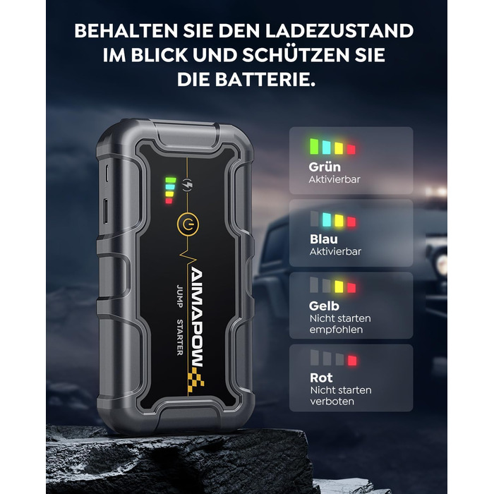 Powerbank з компресором та пусковим пристроєм AIMAPOW для автомобіля: 27000mAh, 160PSI, 6000A, LED-ліхтар, сумісний з бензиновими та дизельними двигунами (до 12.0L)
