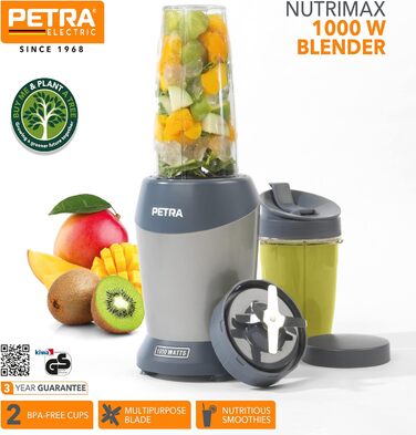 Блендер Petra NutriMax 1000Вт, для смузі, соків і кави, 2 чаші (800 мл/1 л), BPA-free, кришка, міксер для коктейлів