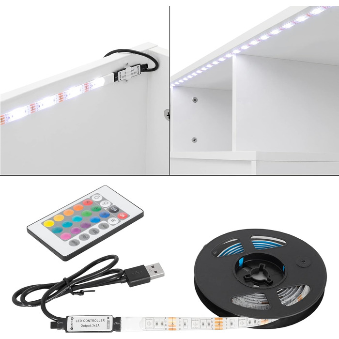 ТВ тумба ML-Design з дерева з LED підсвічуванням і скляною полицею, біла, без ручок, сучасна, 130x49x45 см, для вітальні