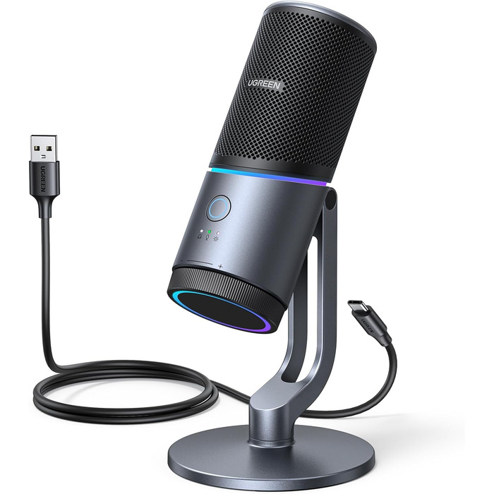UGREEN ігровий USB-мікрофон з RGB-підсвічуванням, 24bit/96kHz, кнопка вимкнення звуку, конденсаторний мікрофон для ПК, PS5/PS4, стрімінгу, ігор, подкастів, запису, ноутбука