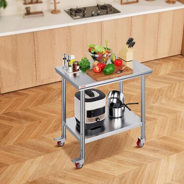Нержавійна кухонна стільниця VEVOR 90x60x85 см з 4 роликами, регулювання висоти, 136 кг, для приготування їжі, сріблястого кольору