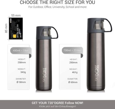 Термос 720°DGREE Follow з чашкою, 700 мл, стальний, герметичний, BPA-free, для кави, чаю, для дітей, школи, роботи, outdoor, сірий