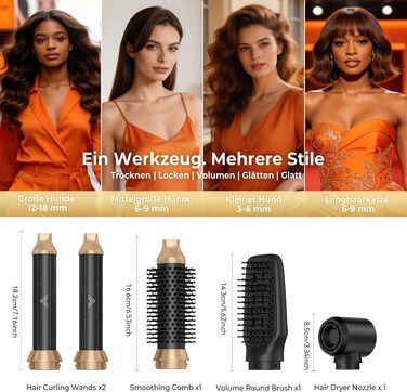 Мультистайлер для волосся 5-в-1 Faltbarer Airstyler з ефектом Коанда, високошвидкісний стайлер-фен з іонізацією та набором насадок (брашинг, локони), складаний, сріблясто-чорний