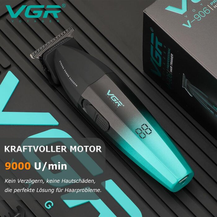 Професійна машинка для стрижки VGR 906 Fresh Fade, 9000 об/хв, бездротовий тример для бороди та волосся з DLC T-лезом, USB зарядка, зелена