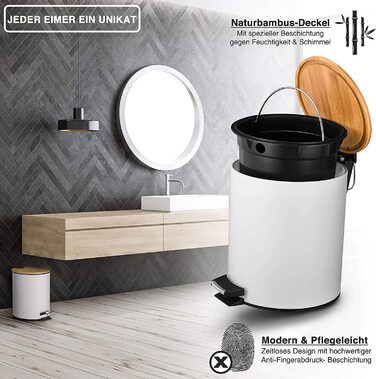 Косметичний відро для сміття VMbathrooms 5 л, білий, з бамбуковою кришкою, педаллю та Soft Close, для ванної кімнати