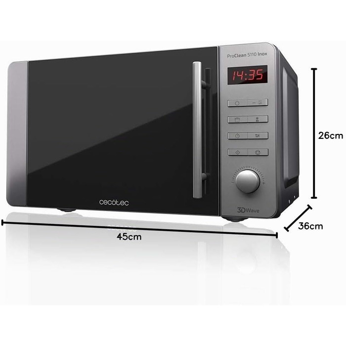 Мікрохвильова піч Cecotec Proclean 5010 Inox Wave, 20 л, 1150 Вт, з грилем, технологія 3DWave, LED-дисплей, нержавіюча сталь