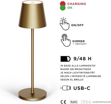 Світлодіодна настільна лампа Stilosa Classica 3, димована, акумуляторна, IP54, для дому та вулиці, дизайнерська, тепле світло, USB-C, темне золото, кругла основа, 38 см