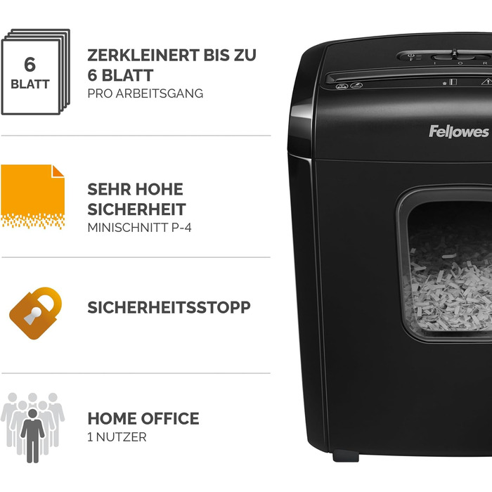 Шредер Fellowes Powershred FS-6C для дому та офісу, знищення документів (P4, міні-шредер), кошик 15л, чорний