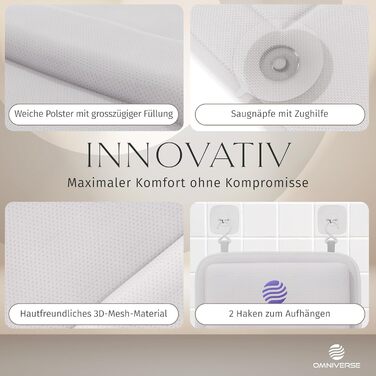 Подушка для ванни Omniverse Ganzkörper 125×40 см, для зросту 160–180 см, для гладких поверхонь, швидковисихаюча, для чутливої шкіри, біла