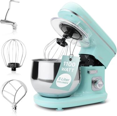 Кухонна машина Clatronic Retro 5 л, 1100 Вт, тістоміс, м'ятно-зелена, з гачком і вінчиком, з кришкою та отвором для додавання інгредієнтів, модель KM 3711