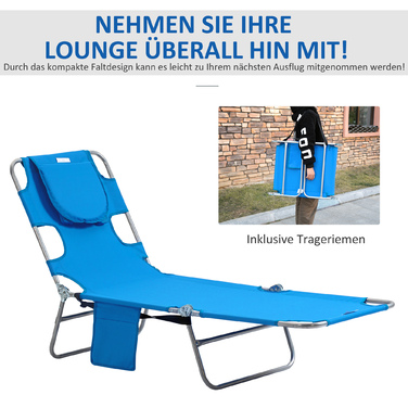 Outsunny Sun Lounger Складний садовий шезлонг з вікном для читання, подушка, шезлонг з регульованою спинкою в 5 напрямках, стійкий до погодних умов шезлонг для кемпінгу з навантаженням до 120 кг, для садового пляжного басейну, синій