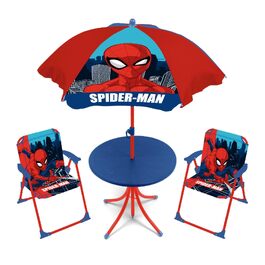 Дитячий садовий набір Marvel-Spiderman: стіл (50x50x48 см) + 2 стільці (38x32x53 см) + парасолька (діаметр 110 см)