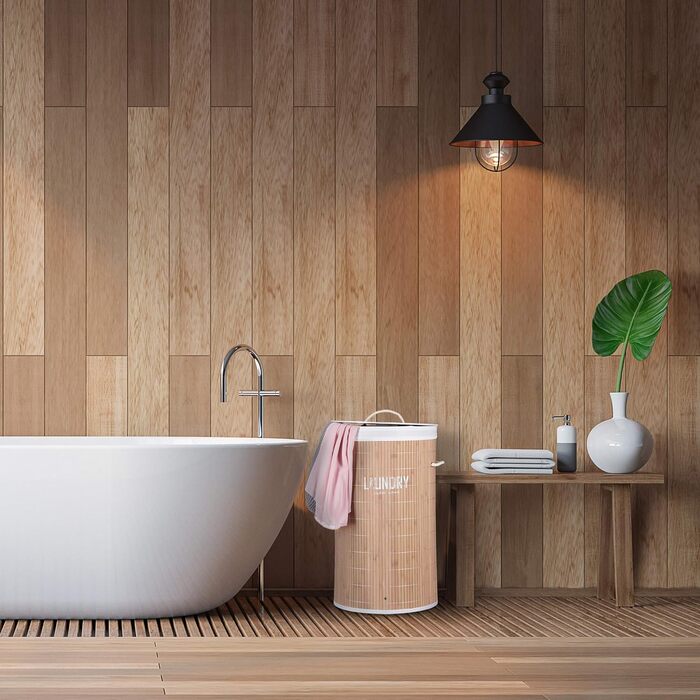 Кошик для білизни Relaxdays з бамбука, 50 л, круглий, з кришкою, мішком, складаний, 60x35 см, натуральний