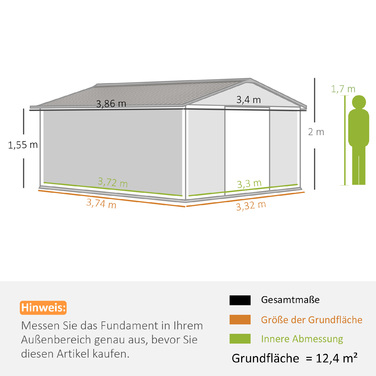 Outsunny Garden сарай 12,4 м², садовий сарай з односхилим дахом, розсувні двері, фундамент, 340 x 386 x 200 см, сарай для інструментів з оцинкованої сталі, стійкий до атмосферних впливів, для саду, коричневий