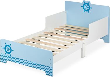 Дитяче ліжко Relaxdays з бортиками, 60x77x143 см, з ламелями, морська тематика, МДФ, синє/біле
