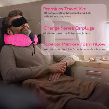 Подушка для подорожей під шию з ефектом пам'яті (Memory Foam) з 3D-маскою для сну та берушами, рожева — ідеальна для літака, авто та офісу