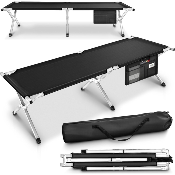 Розкладне польове ліжко TRESKO XXL 210x90x42 см, метал, до 150 кг, чорне, для кемпінгу