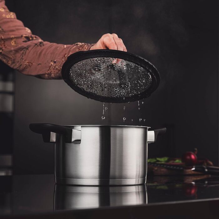 Набір каструль FLORINA CHEF 8 предметів з нержавіючої сталі, багатофункціональні кришки, мірний стакан, 5-шаровий дно, підходить для індукції, газу, електроплити, можна мити в посудомийній машині