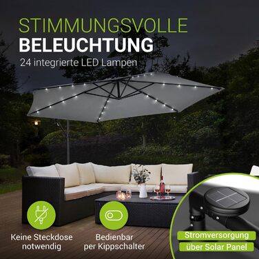 Сонцезахисна парасолька Juskys Brazil 350 см з LED-освітленням, сонячною панеллю та ручним приводом, сіра, водовідштовхуюча з UV-захистом
