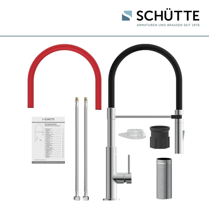 Змішувач кухонний Schütte 23138 з гнучким шлангом Soft Touch, поворотний на 360°, нержавіюча сталь/чорний