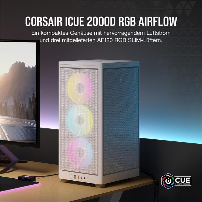 Комп'ютерний корпус Corsair iCUE 2000D RGB Airflow Mini-ITX, білий, сталь, 3 вентилятори AF120 RGB, контролер iCUE Lighting Node Core