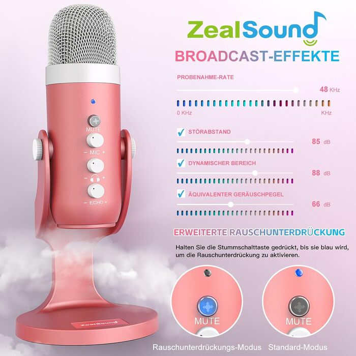 Zealsound USB мікрофон K66 для ігор, запису, стрімінгу, ASMR, подкастів, TikTok, YouTube, Twitch, з шумозаглушенням, моніторингом та кнопкою вимкнення звуку, для iPhone, смартфонів, ПК, PS4/5, рожевий