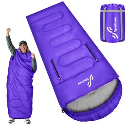 Спальний мішок Sportneer Outdoor у формі ковдри 220×85 см, з отворами для рук, вага 1.5 кг (фіолетовий, температурний режим +10...+26 °C)
