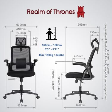 Офісний стілець Realm of Thrones CAPTAIN: ергономічний, з регульованою підтримкою спини, відкидними підлокітниками та дихаючою сітчастою спинкою (Чорний)