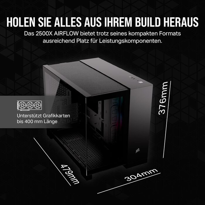 Корпус для ПК CORSAIR iCUE Link 2500X RGB, загартоване скло, mATX, Mid-Tower, подвійна камера, 2 вентилятори RX120 RGB у комплекті, широка сумісність з охолодженням, плата з реверсивним підключенням