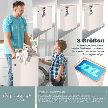 Кошик для білизни KESSER з кришкою, 2 відділення, складаний, 140 л, з 3 знімними мішками, сортувальник білизни, бежевий