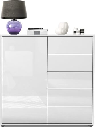 Комод Vladon Ben V2, білий матовий/глянцевий, 1 дверцята, 5 шухляд, 79x74x36 см, Німеччина
