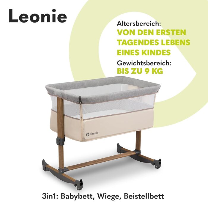 Дитяче ліжечко 3-в-1 Lionelo Leonie з маятниковою функцією, 5-рівневе регулювання висоти, нахил, матрац, знімна бокова стінка, колеса, бічна кишеня, легке транспортування